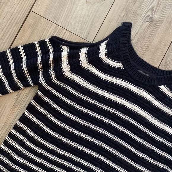 Quinn Medium Knitted Sweater with Peek a Boo Shoulders Navy and White - Picture 2 of 7